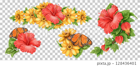 Summer arrangement set of monarch butterfly and hibiscus flower. Hand drawn watercolor floral artwork for tropical holiday theme decoration. Bright vivid and colorful seasonal card or print template. 128436401