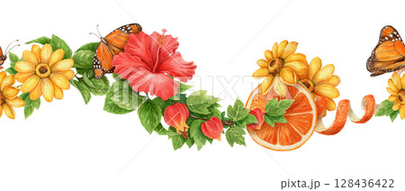 Seamless border with butterfly flower and tropical fruit in vibrant summer theme. Hand drawn watercolor in red green and orange tones. Perfect for card design holiday nature and exotic vacation vibe. Seamless border with butterfly flower and tropical fruit in vibrant summer theme. Hand drawn watercolor in red green and orange tones. Perfect for card design holiday nature and exotic vacation vibe. 128436422