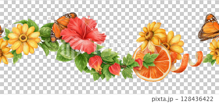 Seamless border with butterfly flower and tropical fruit in vibrant summer theme. Hand drawn watercolor in red green and orange tones. Perfect for card design holiday nature and exotic vacation vibe. 128436422
