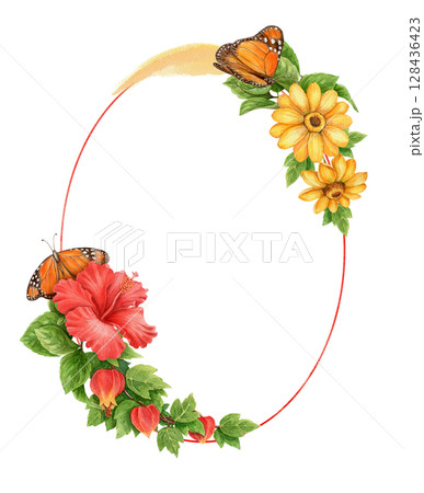 Oval watercolor wreath with hibiscus flower and monarch butterfly. Hand drawn summer design in bright green and yellow tones. Frame ideal for positive card template and seasonal floral artwork. Oval watercolor wreath with hibiscus flower and monarch butterfly. Hand drawn summer design in bright green and yellow tones. Frame ideal for positive card template and seasonal floral artwork. 128436423