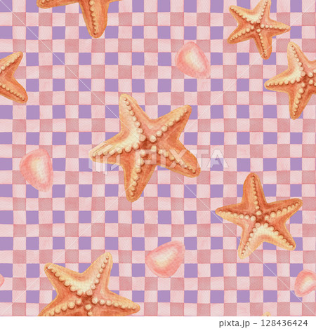Seamless starfish pattern on checkered background in watercolor style. Pink and purple aquatic design with brush texture. Perfect for summer textile fabric or wallpaper and marine decoration. 128436424