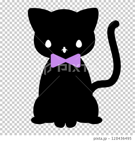Cute black cat illustration sitting with ribbon 128436495