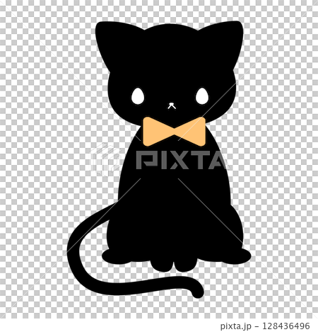 Cute black cat illustration sitting with ribbon 128436496