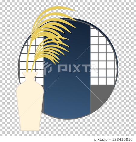 Japanese-style illustration of autumn night sky, shoji screen and Japanese silver grass Japanese-style illustration of autumn night sky, shoji screen and Japanese silver grass 128436816