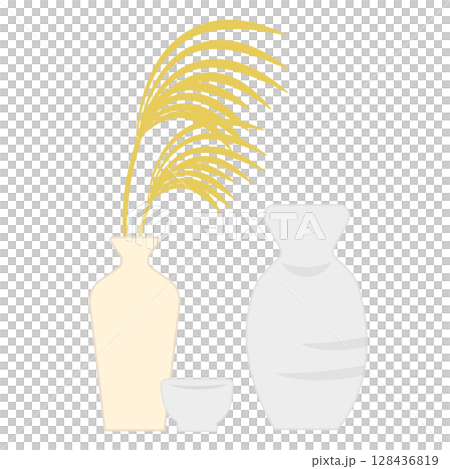 花瓶に入ったススキと酒器の静かな秋の飾り 花瓶に入ったススキと酒器の静かな秋の飾り 128436819