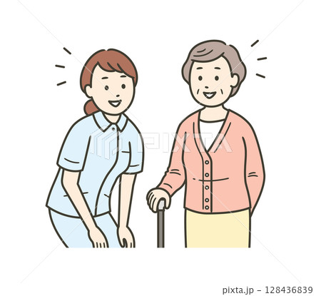 目線を合わせて笑顔で会話をする高齢女性と看護師の女性の上半身イラスト 128436839