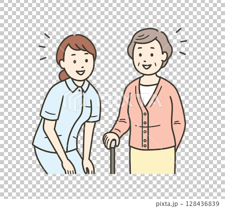 目線を合わせて笑顔で会話をする高齢女性と看護師の女性の上半身イラスト 128436839