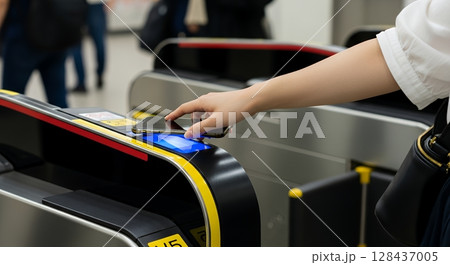 自動改札機にスマホをかざす女性の手 128437005