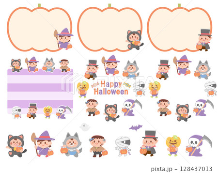 ハロウィンの子供達仮装行列フレーム・ラインセット 128437013