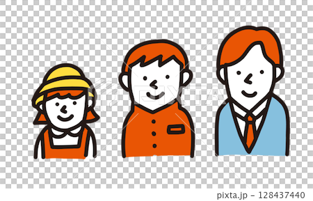 Illustration of three people: elementary school student, junior high school student, and high school student 128437440