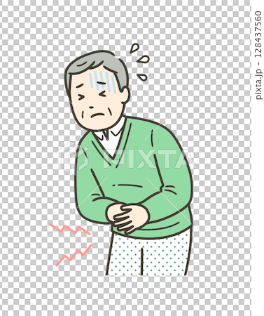 一位老人抱著胃、腹痛的上半身插圖 一位老人抱著胃、腹痛的上半身插圖 128437560