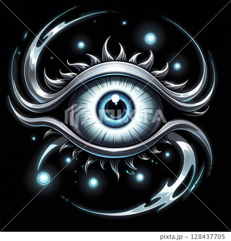 Mystical blue eye surrounded by swirling energy and light effects on a black background, creating an enigmatic and captivating visual experience. 128437705