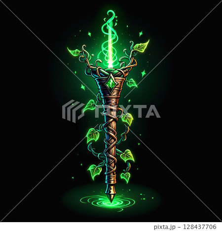 Glowing magic staff entwined with vines and leaves radiating a mystical energy with a bright green aura illuminating the surrounding dark background. 128437706