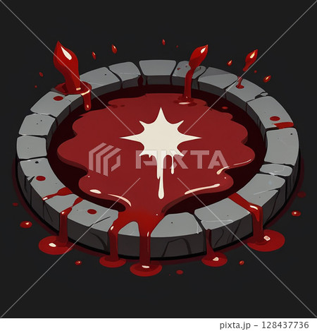 Blood-soaked ritual circle with stone border glowing red and white center star surrounded by dripping blood and dark background, eerie atmosphere evoking feelings of horror and mystery. Blood-soaked ritual circle with stone border glowing red and white center star surrounded by dripping blood and dark background, eerie atmosphere evoking feelings of horror and mystery. 128437736
