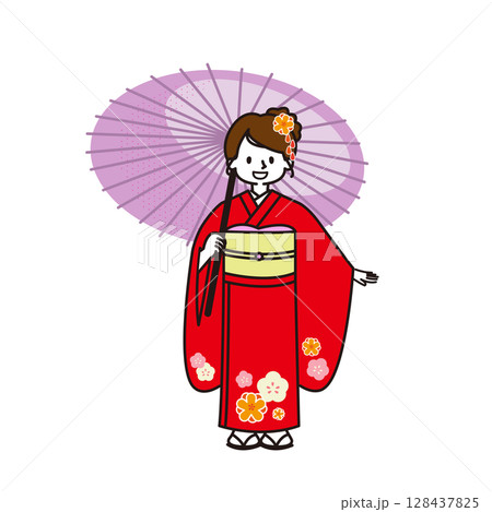 七五三　番傘を持つ着物を着た女の子 128437825