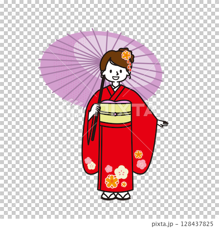 七五三　番傘を持つ着物を着た女の子 128437825