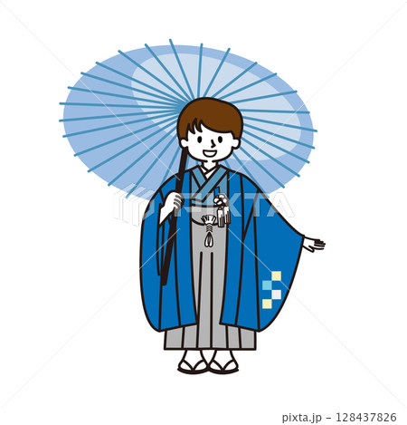 七五三 番傘を持つ着物を着た男の子 128437826