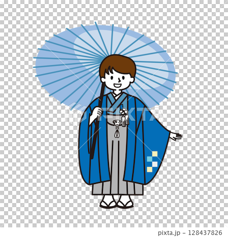 七五三 番傘を持つ着物を着た男の子 128437826