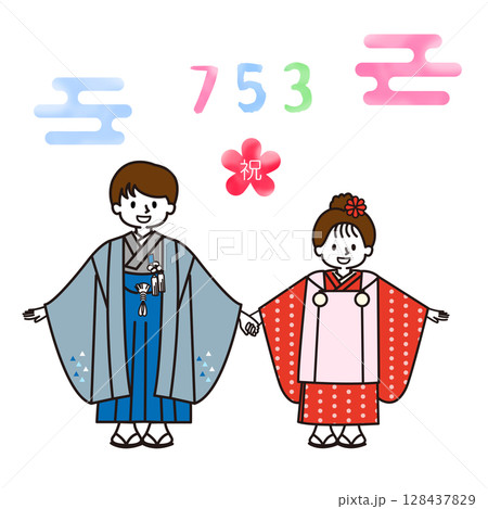 祝七五三_着物を着た男の子女の子 128437829