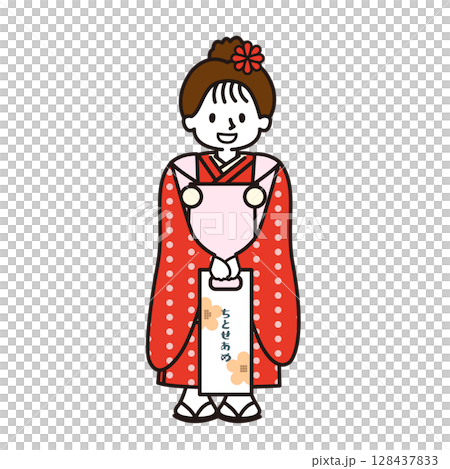 七五三_身穿和服，手拿糖果的女孩 128437833