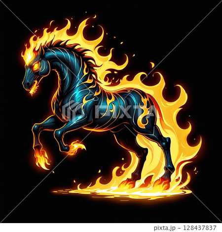 Majestic horse surrounded by vibrant flames against a dark background, showcasing a powerful stance and striking colors that emphasize energy and strength. 128437837
