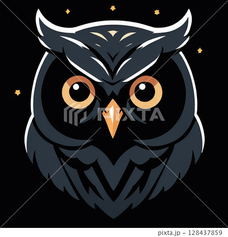 Stylized owl illustration with large eyes and prominent features, set against a black background with small stars creating a whimsical atmosphere. 128437859