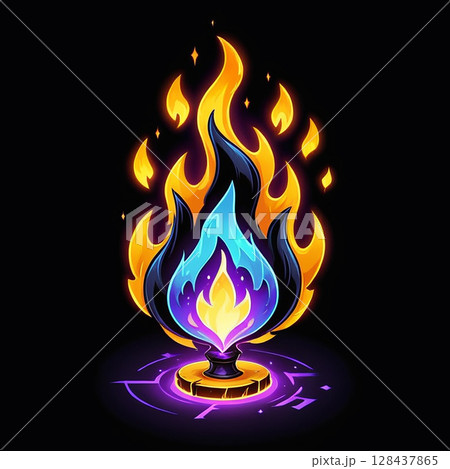 Colorful flame illustration with blue and orange gradient over a dark background resembling a magical or fantasy-themed design. 128437865