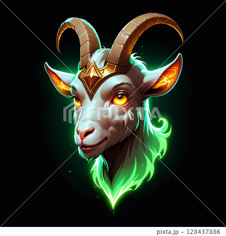 Mystical goat character illustration with glowing green accents and intricate golden horn details in a dark thematic background for fantasy art enthusiasts. Mystical goat character illustration with glowing green accents and intricate golden horn details in a dark thematic background for fantasy art enthusiasts. 128437886
