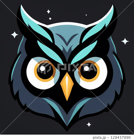 Brightly colored cartoon owl with large expressive eyes and stylized feathers against a dark background, featuring intricate design elements and a whimsical aesthetic. Brightly colored cartoon owl with large expressive eyes and stylized feathers against a dark background, featuring intricate design elements and a whimsical aesthetic. 128437890