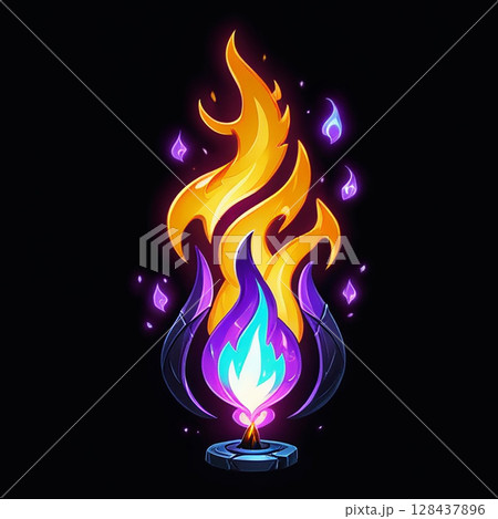 Vibrant flame design with swirling colors of blue, purple, and orange, set against a dark background, creating a mystical and enchanted atmosphere. Vibrant flame design with swirling colors of blue, purple, and orange, set against a dark background, creating a mystical and enchanted atmosphere. 128437896