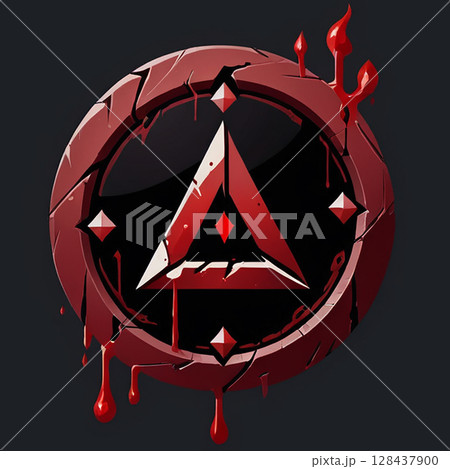 Blood-stained logo with geometric shapes, featuring a prominent symbol in the center surrounded by a circular design, creating a bold and striking visual impact with dark tones. Blood-stained logo with geometric shapes, featuring a prominent symbol in the center surrounded by a circular design, creating a bold and striking visual impact with dark tones. 128437900