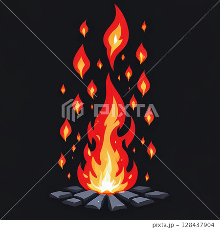 Bright flames dancing in front of a dark background surrounded by scattered fire sparks and glowing embers creating a warm, vibrant atmosphere. Bright flames dancing in front of a dark background surrounded by scattered fire sparks and glowing embers creating a warm, vibrant atmosphere. 128437904