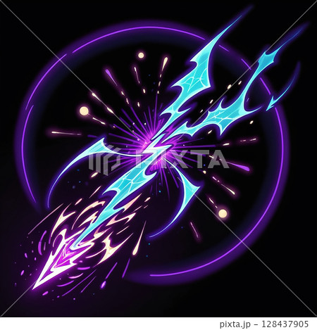 Vibrant electric blue lightning bolt piercing through dark background with glowing sparks and energy trails creating a dynamic and striking visual effect. Vibrant electric blue lightning bolt piercing through dark background with glowing sparks and energy trails creating a dynamic and striking visual effect. 128437905