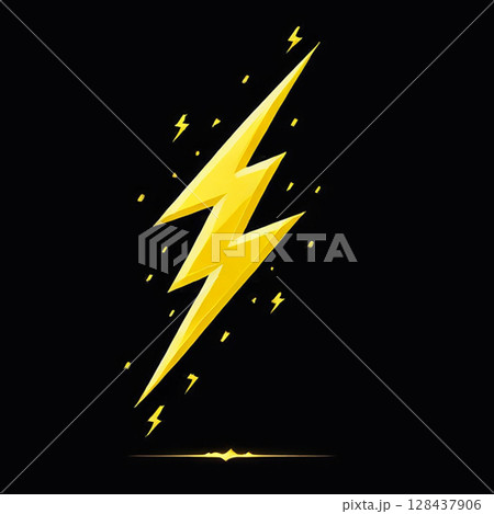 Bright lightning bolt symbol against a dark background with stylized energy sparks radiating around it, showcasing dynamic power and electricity imagery for design inspiration. 128437906