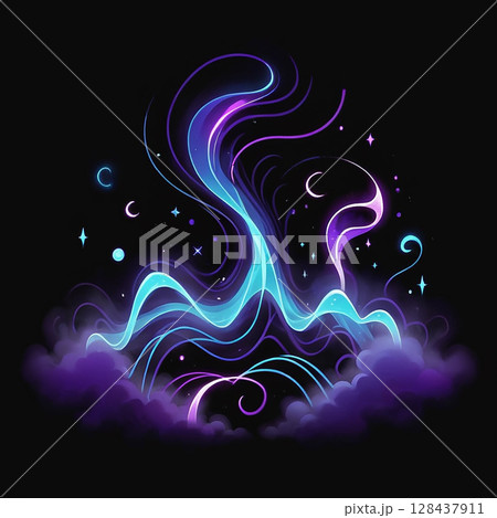 Vibrant swirls of colorful smoke emerging from a mystical cloud illuminated by soft purple and blue hues against a dark background with stars and celestial elements. Vibrant swirls of colorful smoke emerging from a mystical cloud illuminated by soft purple and blue hues against a dark background with stars and celestial elements. 128437911