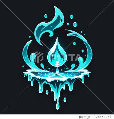 Fluid design combining water droplet and flame motif with vibrant teal colors on a textured black background, showcasing a dynamic balance between elements of fire and water. 128437921