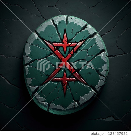 Cracked stone texture with a striking red symbol, featuring sharp edges and deep grooves against a dark background, evoking a sense of mystery and ancient artifacts. 128437922