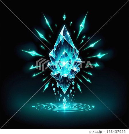 Glowing blue crystal formation with sharp edges and radiant light effects, surrounded by a dark background and concentric circles of shimmering water ripples. 128437923