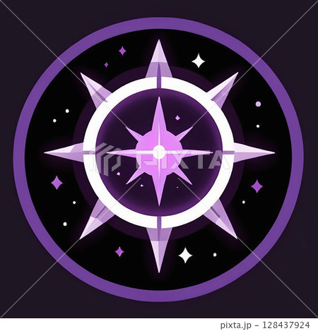 Vibrant purple compass graphic with sharp points surrounded by stars on a dark background emphasizing navigation and direction in a modern artistic style. 128437924