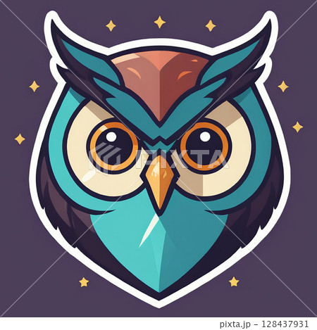 Colorful cartoon owl with big eyes and vibrant features on a dark background surrounded by abstract stars and shapes in a modern stylized design. 128437931