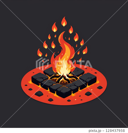 Vibrant campfire with flickering flames surrounded by dark stones on a circular red backdrop, creating a warm and inviting atmosphere perfect for outdoor adventures and cozy gatherings. Vibrant campfire with flickering flames surrounded by dark stones on a circular red backdrop, creating a warm and inviting atmosphere perfect for outdoor adventures and cozy gatherings. 128437938