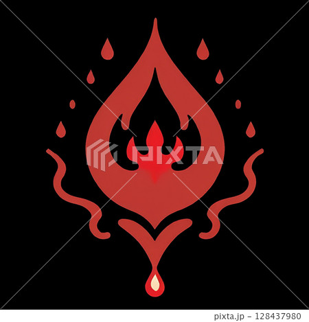 Flame-inspired artistic design featuring a stylized teardrop shape in red on a black background, surrounded by small droplets for an eye-catching effect. 128437980