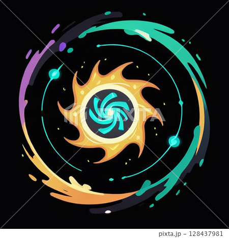 Colorful swirling galaxy design with bright yellow center and hues of teal, purple, and blue against dark background that adds a vibrant cosmic feel to any abstract art concept. Colorful swirling galaxy design with bright yellow center and hues of teal, purple, and blue against dark background that adds a vibrant cosmic feel to any abstract art concept. 128437981