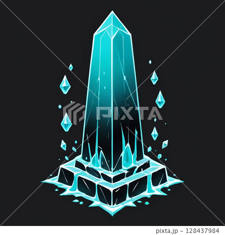 Glowing crystal tower surrounded by floating shards of ice with a shimmering blue hue on a dark background creating a magical and mystical atmosphere. 128437984