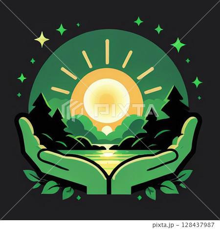Morning sun rising over tranquil lake surrounded by green trees and hands gently cradling nature, symbolizing harmony between humanity and the environment, radiating warmth and tranquility. 128437987
