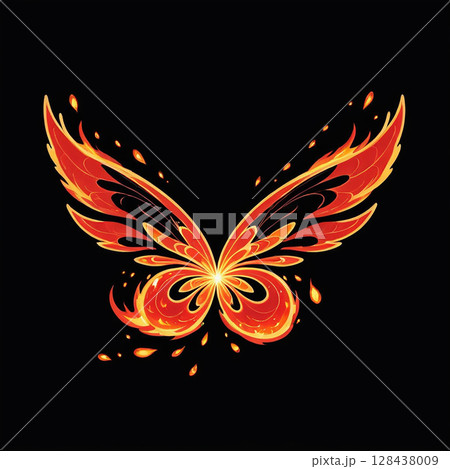 Flaming butterfly wings with vivid orange and red hues emerging from a dark background, intricate designs conveying motion and energy in a stunning artistic representation. Flaming butterfly wings with vivid orange and red hues emerging from a dark background, intricate designs conveying motion and energy in a stunning artistic representation. 128438009