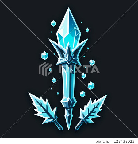 Ice sword design with sharp crystals and decorative icy leaf-like elements in a dark background illuminated by glowing effects and sparkles surrounding the weapon. 128438023