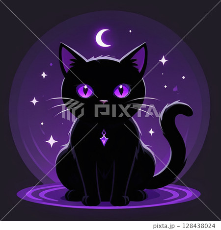 Black cat sitting under a crescent moon surrounded by twinkling stars and mystical purple aura creating a magical and enchanting atmosphere emphasizing feline elegance and charm. 128438024