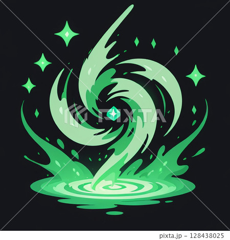 Vibrant green swirling vortex with sparkling stars and a smooth water surface emitting magical energy and glowing effects in a dark background. 128438025