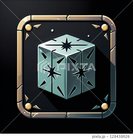 Ice cube design with star motifs encased in a decorative frame against a dark background, reminiscent of fantasy art and game graphics featuring mystical elements. 128438026